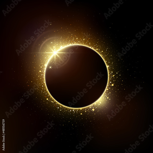 Gold circle of shiny particles on a dark background. Shining gold frame, place for text. Invitation vector background. Round border, frame. Card party Invitation. Lens flare effect on dark
