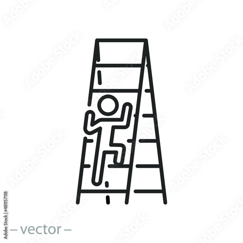 man climbing ladder, concept person development, target achievement motivation, up rise progress, thin line symbol on white background - editable stroke vector illustration