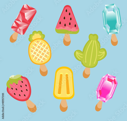 Colorful icecream set. Flavours of watermelon, pineapple, strawberry, cactus, frozen ice, icon concept. High quality illustration