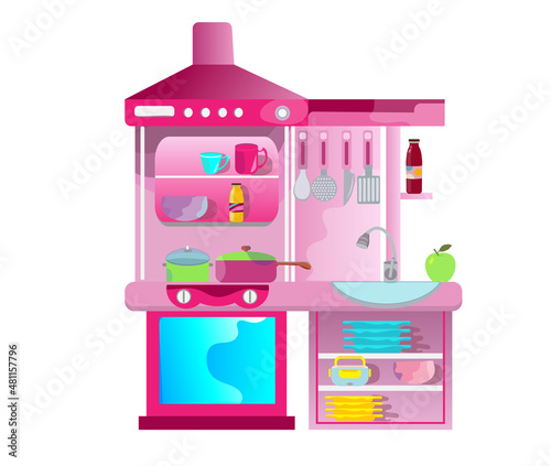Kitchen set interior with cooking utensils, range hood, bottles of juice and fruit. High quality illustration