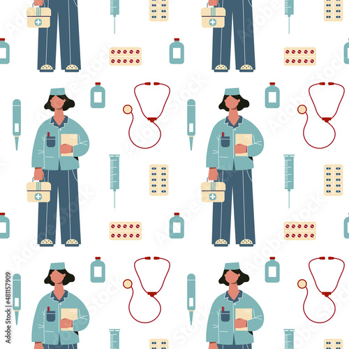 Vector seamless pattern with set of medical tools and modern woman doctor.