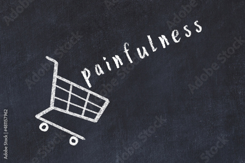 Chalk drawing of shopping cart and word painfulness on black chalboard. Concept of globalization and mass consuming