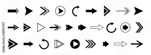 Arrow icons. Vector set of right direction black pointers, cursors, arrows, play buttons