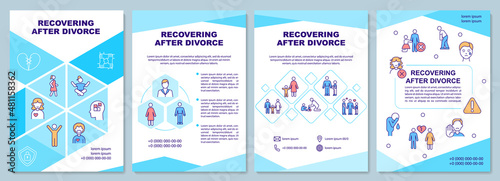 Recovering after divorce blue brochure template. Support care. Booklet print design with linear icons. Vector layouts for presentation, annual reports, ads. Arial-Black, Myriad Pro-Regular fonts used