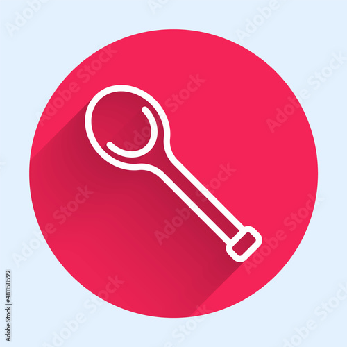 White line Sauna ladle icon isolated with long shadow background. Red circle button. Vector