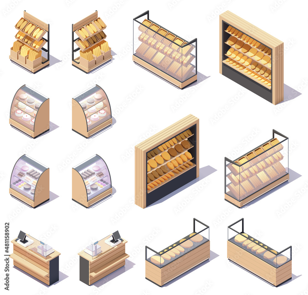 Vector isometric bakery store stands and shelves. Bakery and bread display stands, cashier desk. Grocery shop retail equipment - obrazy, fototapety, plakaty 