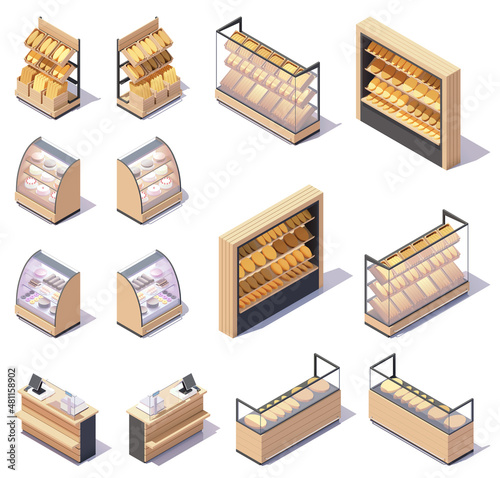 Vector isometric bakery store stands and shelves. Bakery and bread display stands, cashier desk. Grocery shop retail equipment