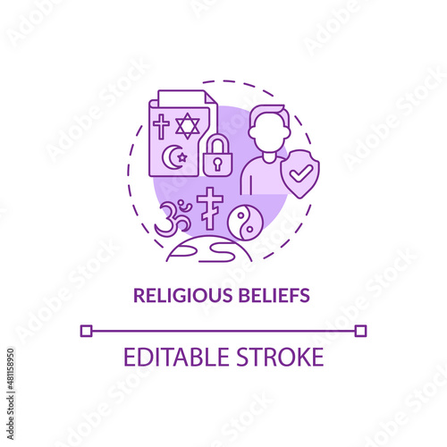 Religious beliefs purple concept icon. Sensitive data safety abstract idea thin line illustration. Isolated outline drawing. Editable stroke. Roboto-Medium, Myriad Pro-Bold fonts used