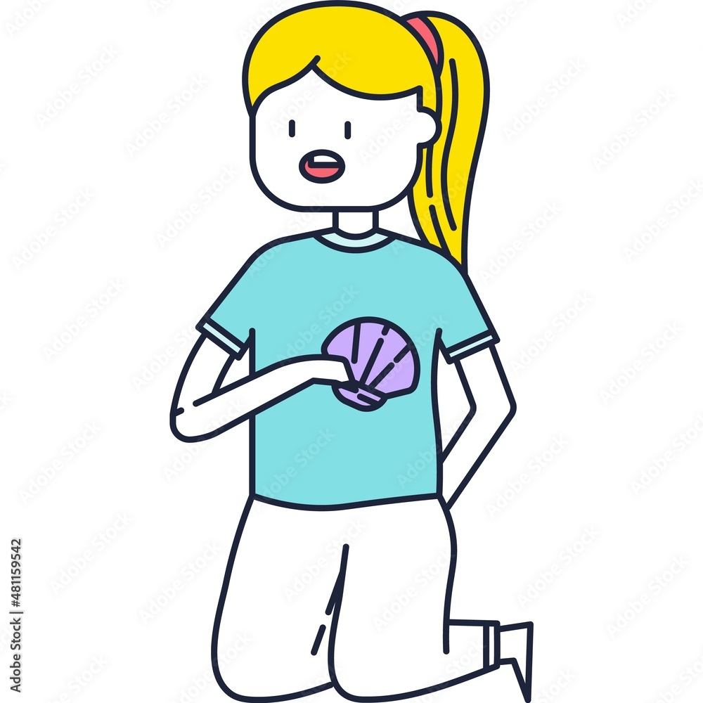Little girl child play with sea shell vector icon Little girl child play with sea shell vector icon