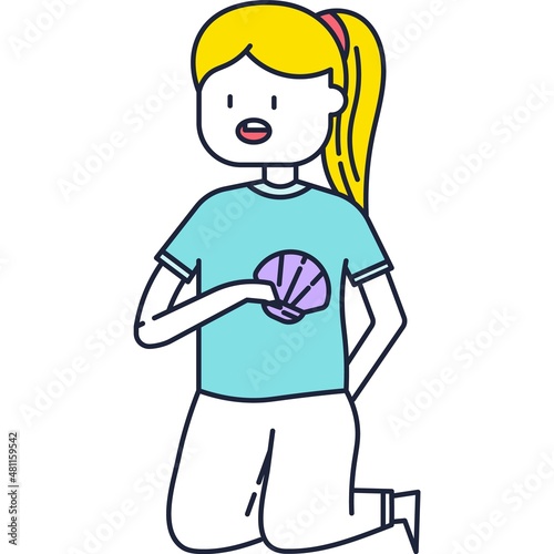 Little girl child play with sea shell vector icon