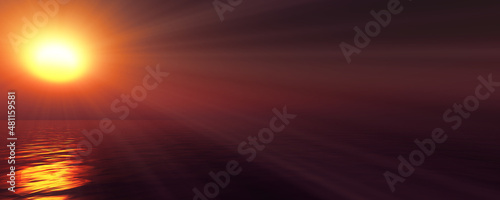 sunset sea sun ray clear sky. 3d rendering