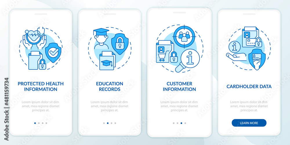 Fototapeta premium Examples of sensitive blue data onboarding mobile app screen. Identity walkthrough 4 steps graphic instructions pages with linear concepts. UI, UX, GUI template. Myriad Pro-Bold, Regular fonts used