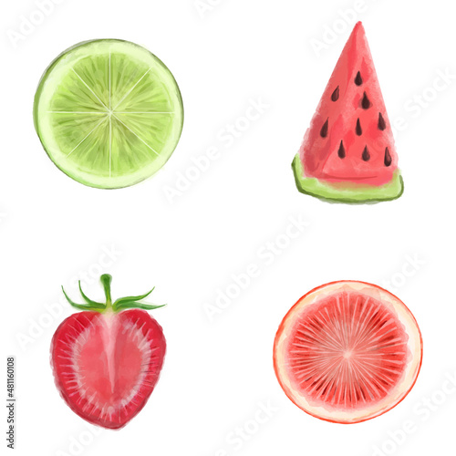 Fototapeta Naklejka Na Ścianę i Meble -  Watercolor Hand Painted Vector collection of fruits. Juicy and colorful fruit on white background including watermelon strawberry lime grapefruit.