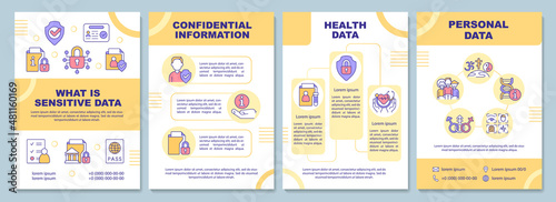 Sensitive data types yellow brochure template. Secure privacy. Booklet print design with linear icons. Vector layouts for presentation, annual reports, ads. Arial-Black, Myriad Pro-Regular fonts used