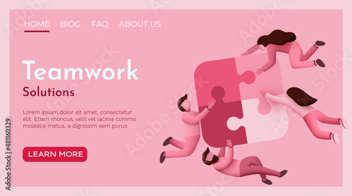 People fly around jigsaw puzzle. Cooperation, Teamwork and partnership concept. Landing page website template.