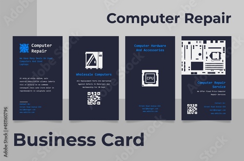 Computer repair business card collection vector flat illustration hardware and accessories service