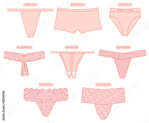 Set of lingerie - female underwear. Women's panties of different size and style: boyshort, breathe, g-string, crotchless thong. Pink outline icons on white background. Line art illustration, vector