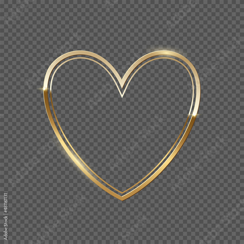 Double golden frame with heart shape vector illustration. Realistic 3d elegant golden award lines with glitter isolated on transparent background.