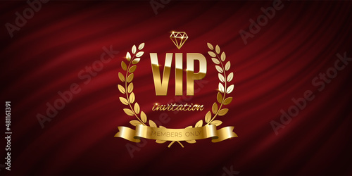Vip invitation with shiny glowing golden diamond over laurel wreath and ribbon on red curtain background. Party premium, exclusive quilted design poster. Luxury template. Only for member. Vector