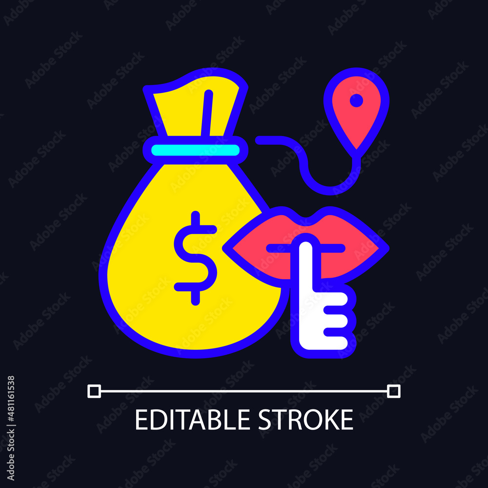 Obraz premium Bulk cash smuggling RGB color icon for dark theme. Illicit transportation of large sum of money. Simple filled line drawing on night mode background. Editable stroke. Pixel perfect. Arial font used