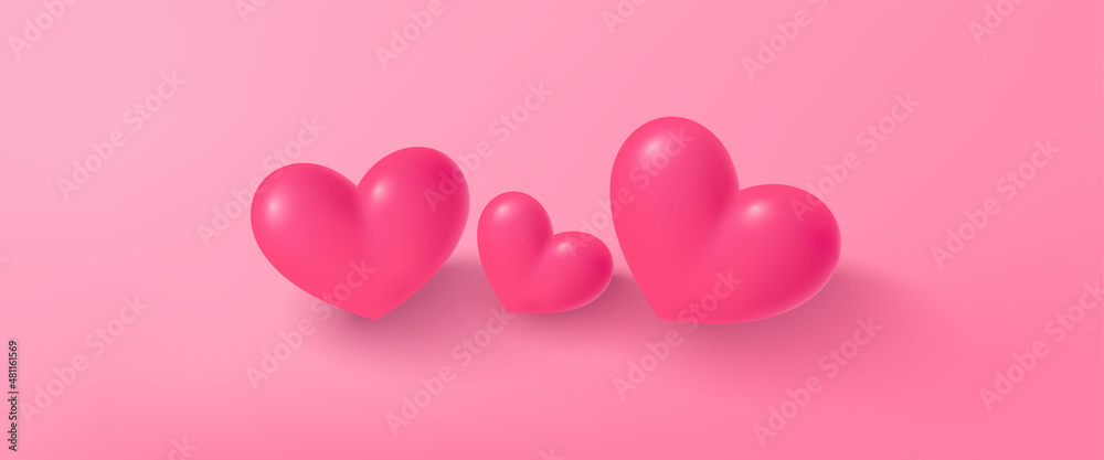 3d hearts on a soft pink background. valentines day banner. Element for decor, empty space for text