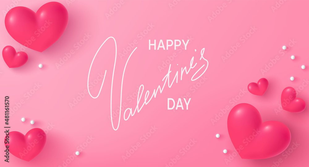 greeting card banner happy valentine day with 3d hearts and pearls. lettering congratulations on valentine's day