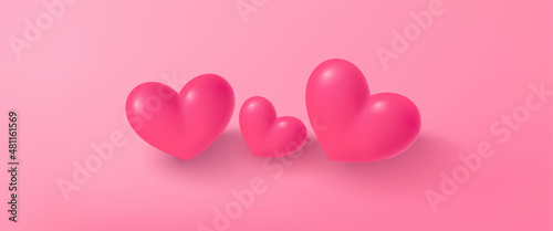 3d hearts on a soft pink background. valentines day banner. Element for decor, empty space for text