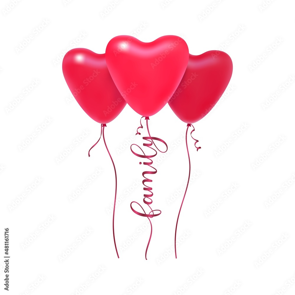 Vector illustration of flying red pink heart balloons with quote Family isolated on white background. Clipart for Family holiday, Valentines day, romantic card, wedding, print on t shirt.