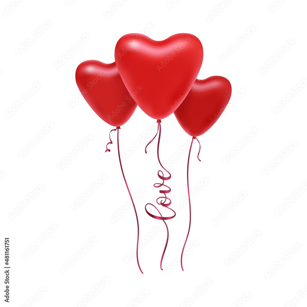 Vector illustration of flying red heart balloons with quote Love isolated on white background. Cute clipart for Valentines day, romantic card, wedding, print on t shirt.