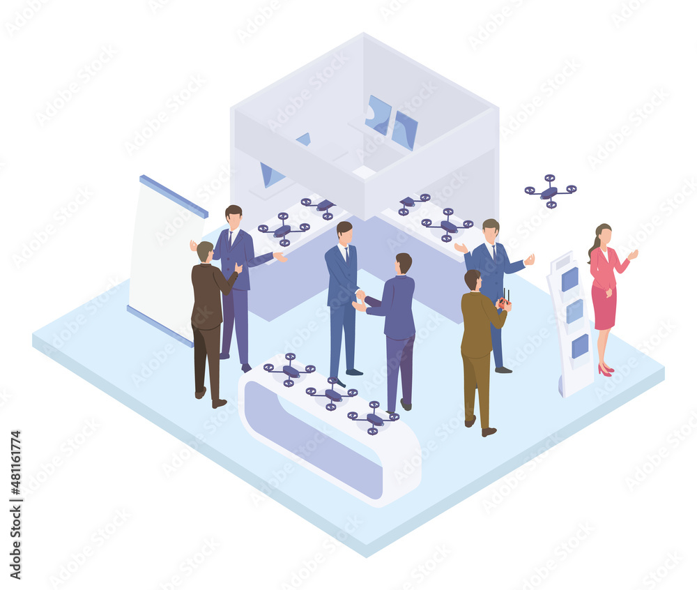 展示会で商談をするビジネスマンのアイソメイラスト 展示会で商談をするビジネスマンのアイソメイラスト