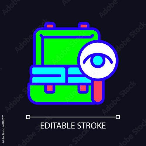 Baggage checks RGB color icon for dark theme. Customs restrictions. Smuggling prevention. Simple filled line drawing on night mode background. Editable stroke. Pixel perfect. Arial font used