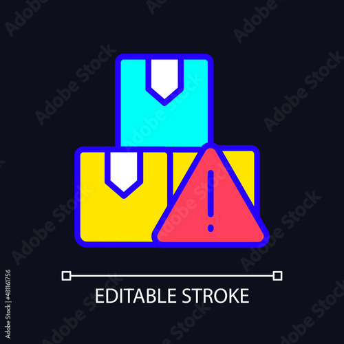 Import regulations RGB color icon for dark theme. Customs restrictions. Goods shipping and supply. Simple filled line drawing on night mode background. Editable stroke. Pixel perfect. Arial font used