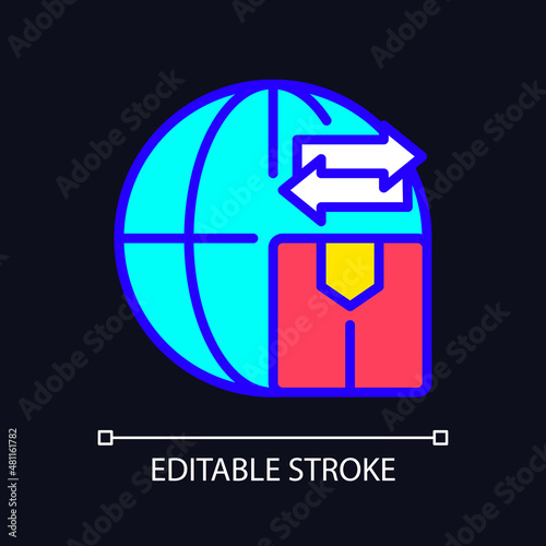 Goods import and export RGB color icon for dark theme. Global products transportation. Simple filled line drawing on night mode background. Editable stroke. Pixel perfect. Arial font used