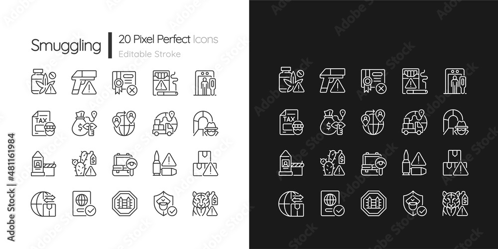 Smuggling linear icons set for dark and light mode. Illicit drug trade. Customizable thin line symbols. Isolated vector outline illustrations. Editable stroke. Pixel perfect. Quicksand-Light font used