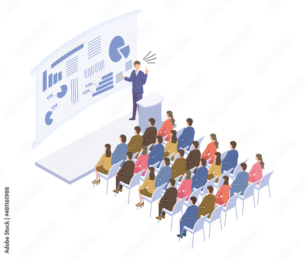 人気のあるビジネスセミナーを受講する人たちのアイソメイラスト Stock Vector Adobe Stock