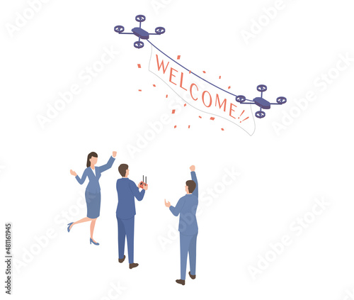 ウェルカムと書かれた幕を持つドローンを操作するビジネスマン