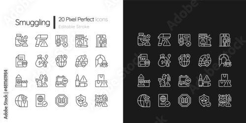 Smuggling linear icons set for dark and light mode. Illicit drug trade. Customizable thin line symbols. Isolated vector outline illustrations. Editable stroke. Pixel perfect. Quicksand-Light font used photo