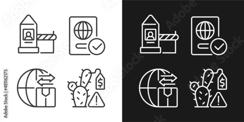 Borders control measures linear icons set for dark and light mode. Contraband prohibition. Customizable thin line symbols. Isolated vector outline illustrations. Editable stroke. Pixel perfect