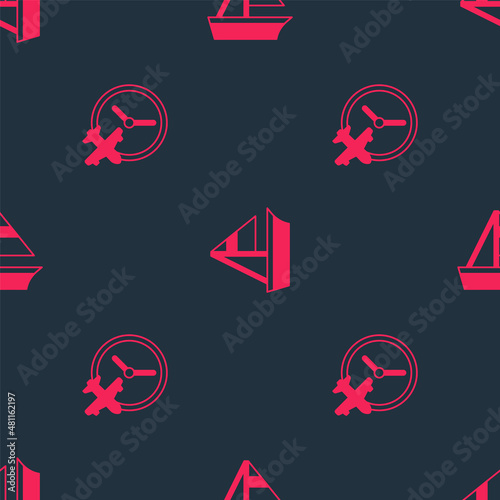 Set Clock with airplane and Yacht sailboat on seamless pattern. Vector