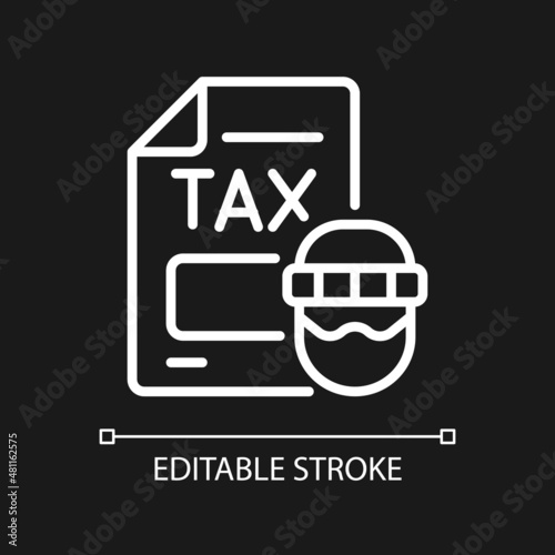 Tax evasion white linear icon for dark theme. Taxation fraud. Thin line customizable illustration. Isolated vector contour symbol for night mode. Editable stroke. Pixel perfect. Arial font used