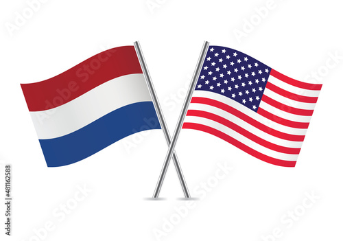 Netherlands and America flags. Netherlandish and American flags isolated on white background. Vector illustration.