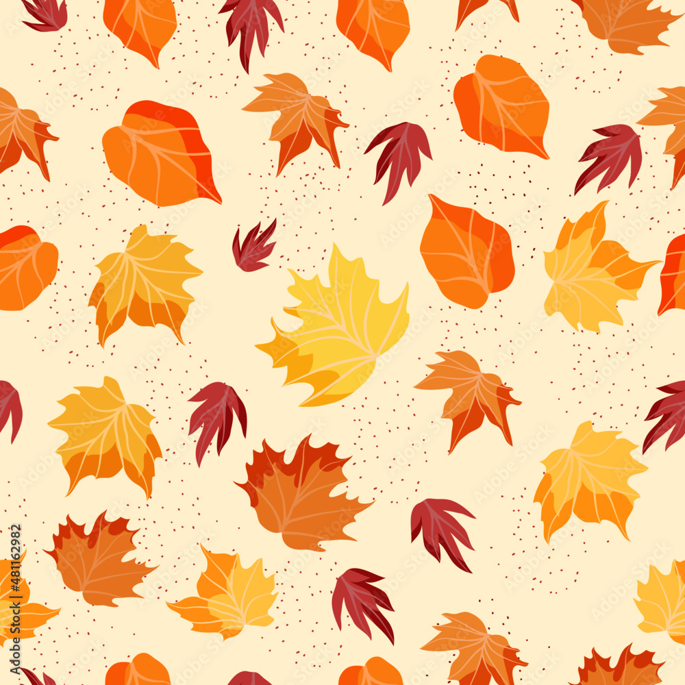 Seamless pattern with falling leaves. Beige background. Print for wallpaper and fabrics. Modern style. Stock Vector Illustration. Plants.