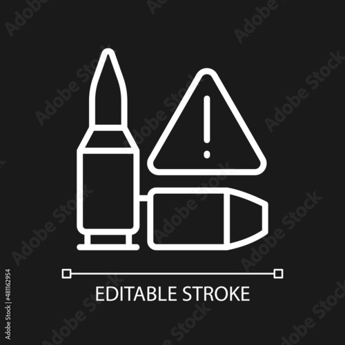 Ammunition smuggling white linear icon for dark theme. Gunrunning. Thin line customizable illustration. Isolated vector contour symbol for night mode. Editable stroke. Pixel perfect. Arial font used
