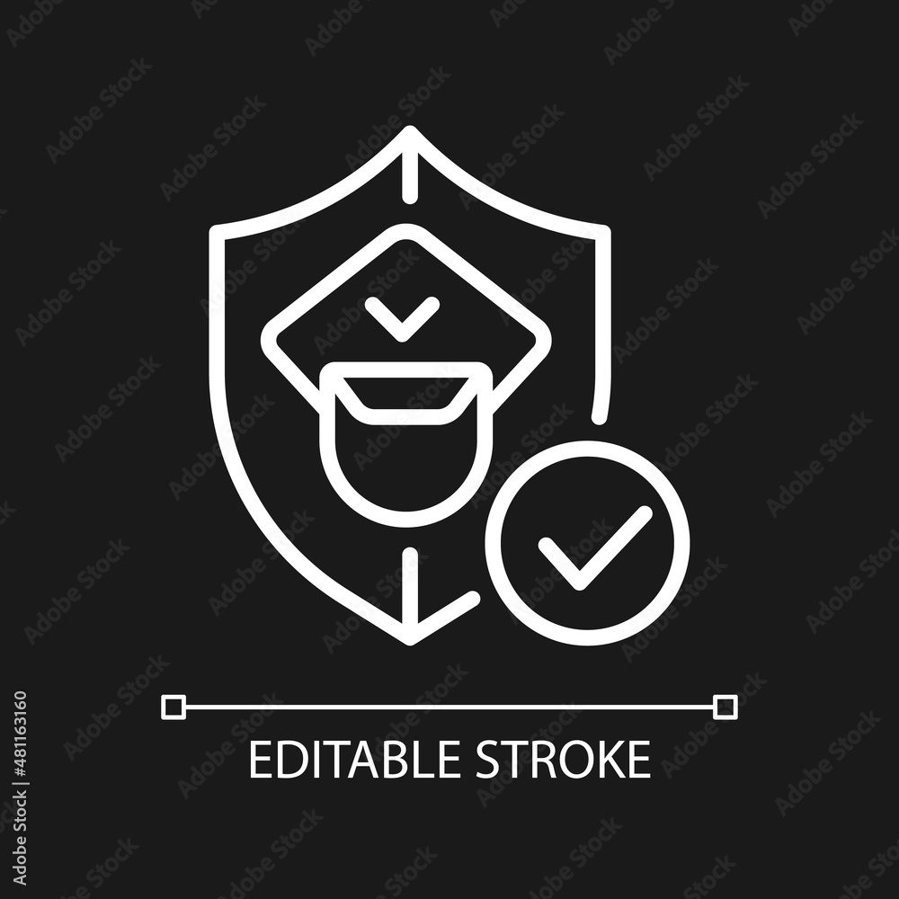 Customs officer white linear icon for dark theme. Borders control. Thin line customizable illustration. Isolated vector contour symbol for night mode. Editable stroke. Pixel perfect. Arial font used Customs officer white linear icon for dark theme. Borders control. Thin line customizable illustration. Isolated vector contour symbol for night mode. Editable stroke. Pixel perfect. Arial font used