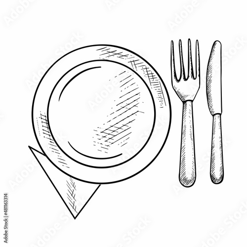 Sketch plate fork and knife. Crockery vector vintage illustration
