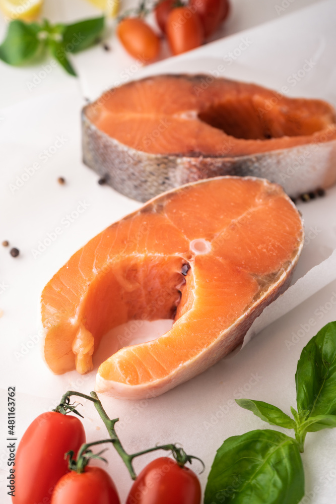 raw trout steak before cooking. freshwater fish of the salmon family. for advertising and recipes