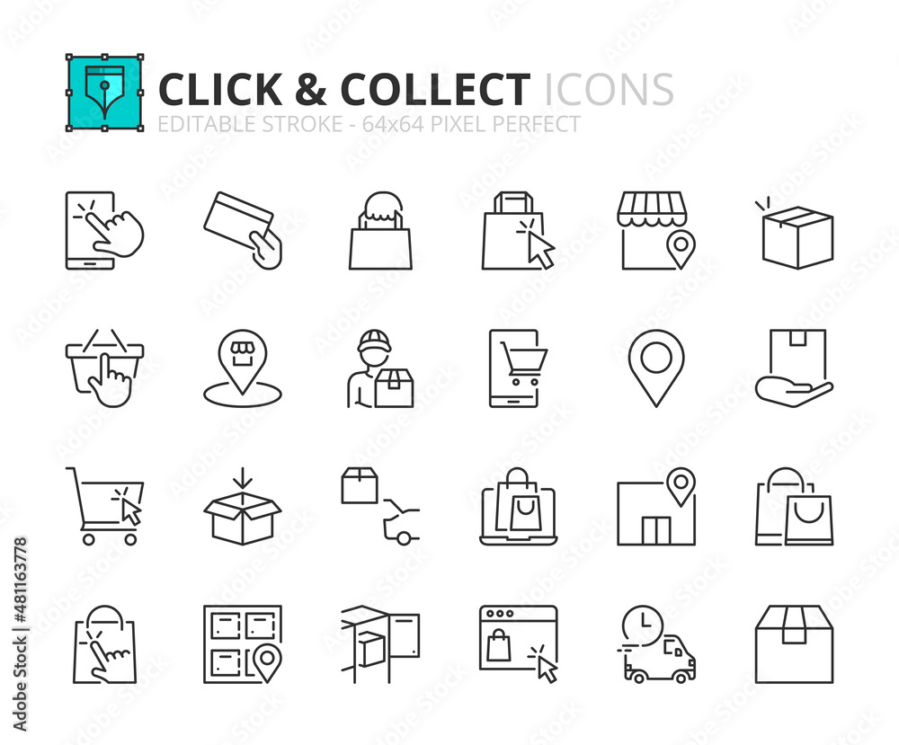 Simple set of outline icons about click and collect. Shopping online concepts.