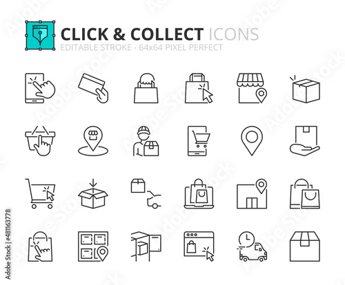 Simple set of outline icons about click and collect. Shopping online concepts.