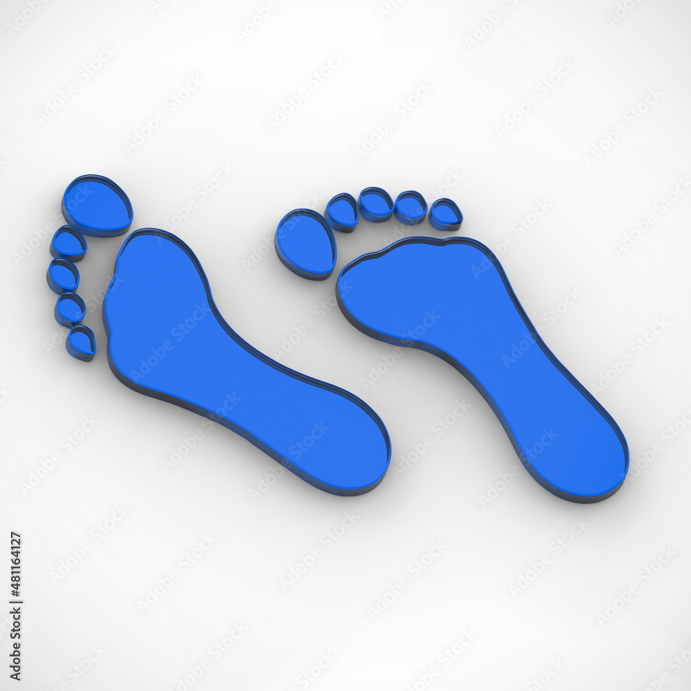 two bare traces of Cyan Blue glass. close-up of bare trail. footprint of man's bare foot. Square image. 3D image. 3D rendering. two bare traces of Cyan Blue glass. close-up of bare trail. footprint of man's bare foot. Square image. 3D image. 3D rendering.