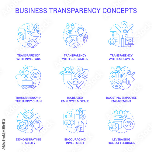 Business transparency blue gradient concept icons set. Company openness. Trustful service idea thin line color illustrations. Isolated outline drawings. Roboto-Medium, Myriad Pro-Bold fonts used